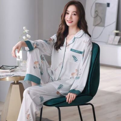 Spring autumn loose cardigan women satin pajama set