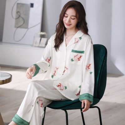 Spring autumn loose cardigan women satin pajama set