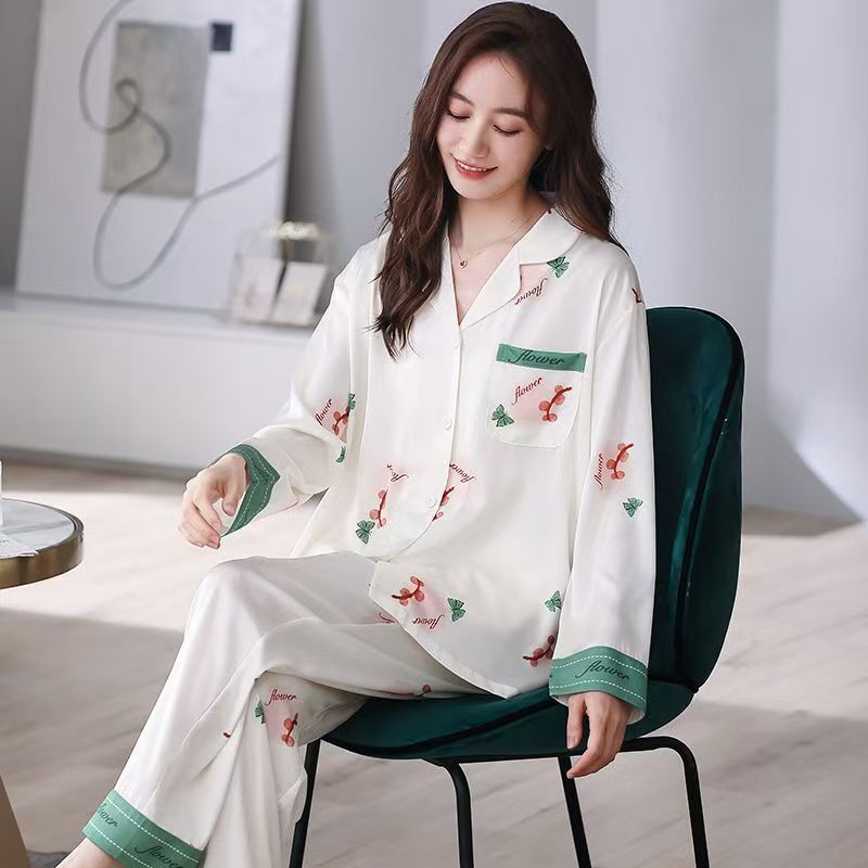 Spring autumn loose cardigan women satin pajama set