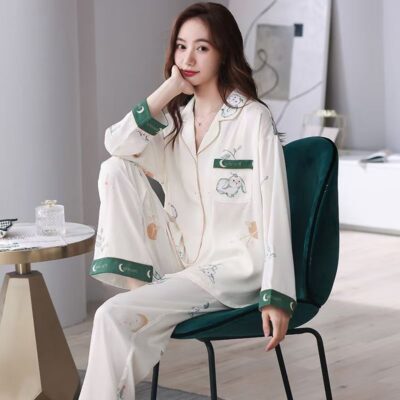 Spring autumn loose cardigan women satin pajama set
