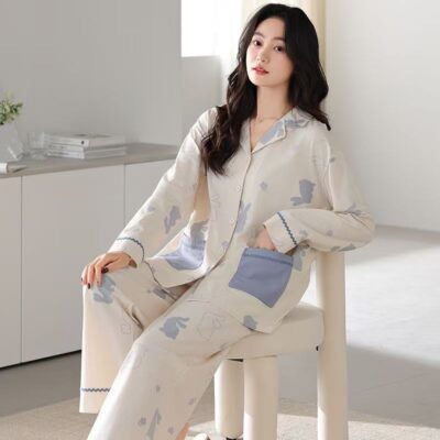 Fashion casual cardigan long sleeve women cotton pajamas