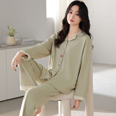 Fashion casual cardigan long sleeve women cotton pajamas