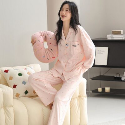 Fashion long sleeve cardigan spring autumn women cotton pajamas