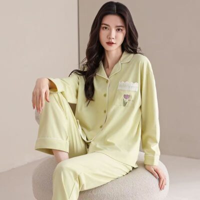 Fashion casual cardigan long sleeve women cotton pajamas