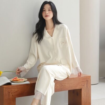 Fashion long sleeve cardigan spring autumn women cotton pajamas