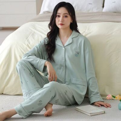Fashion casual cardigan long sleeve women cotton pajamas