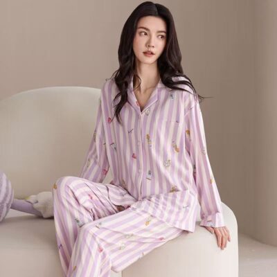 Fashion casual cardigan long sleeve women cotton pajamas