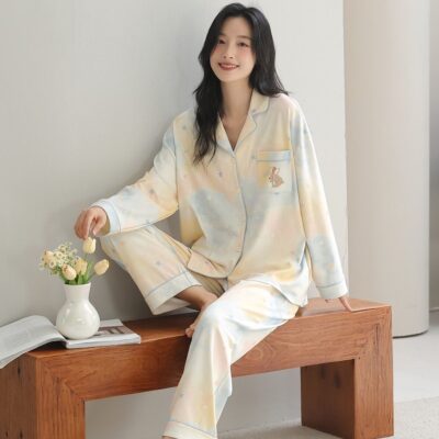 Fashion long sleeve cardigan spring autumn women cotton pajamas