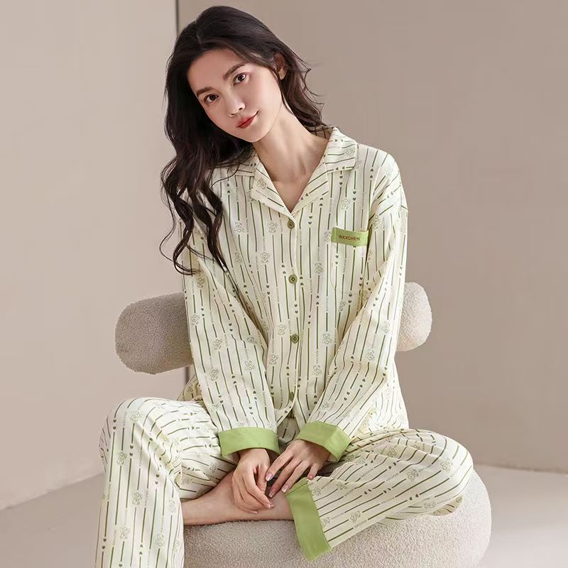 Fashion casual cardigan long sleeve women cotton pajamas