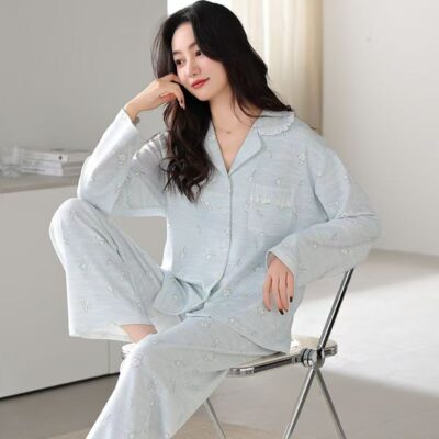 Fashion casual cardigan long sleeve women cotton pajamas