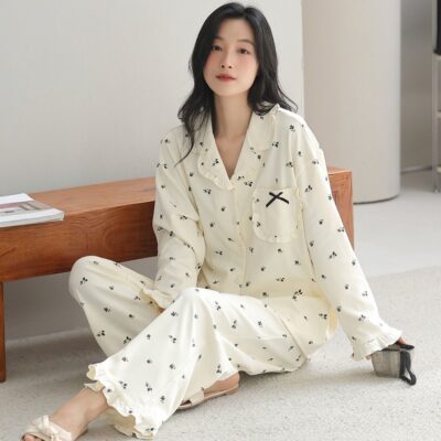 Fashion long sleeve cardigan spring autumn women cotton pajamas