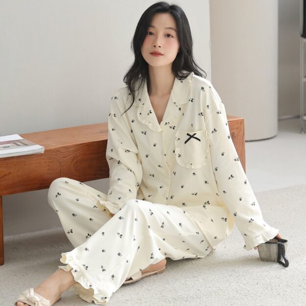 Fashion long sleeve cardigan spring autumn women cotton pajamas