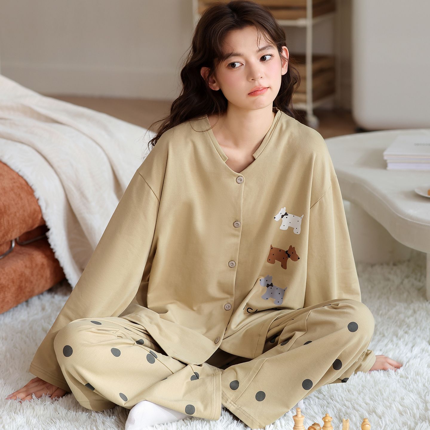 Comfortable loose cardigan spring autumn women cotton pajamas