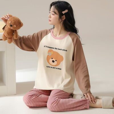 Cute autumn winter long sleeve women cotton pajamas