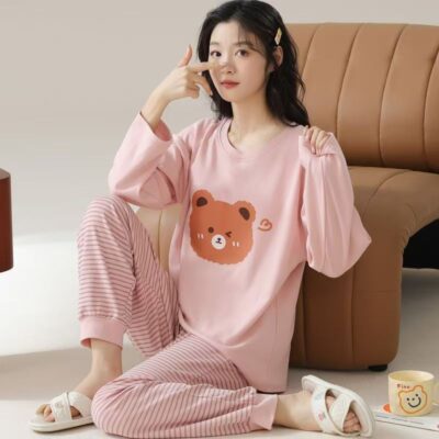 Cute autumn winter long sleeve women cotton pajamas