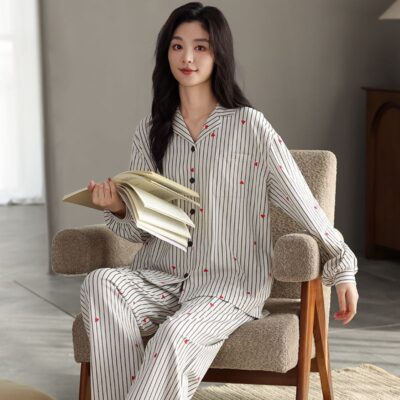 Cute spring autumn long sleeve women cotton pajamas