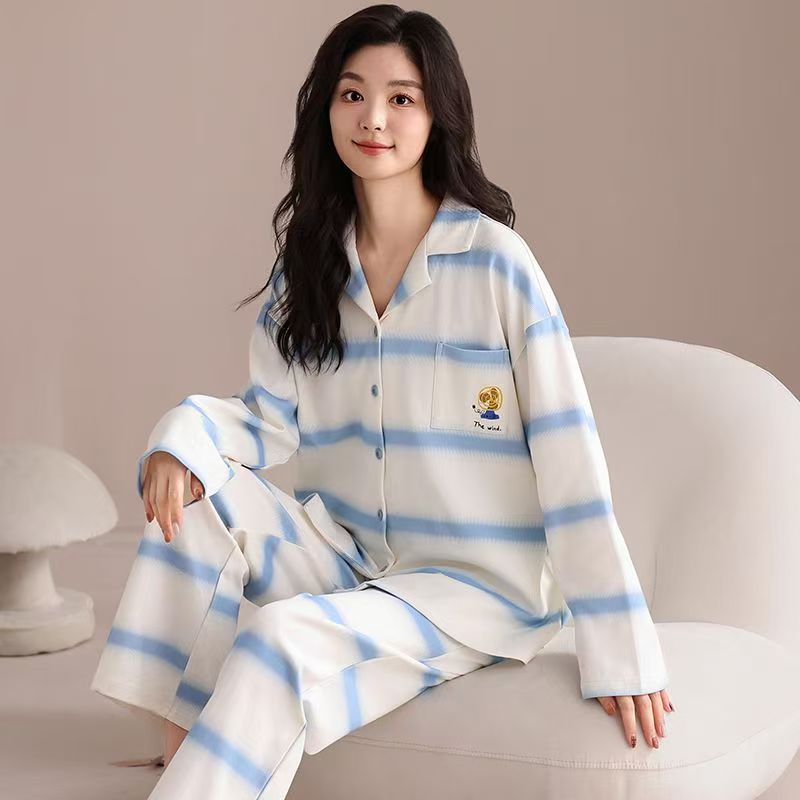 Cute spring autumn long sleeve women cotton pajamas