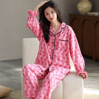 Cute spring autumn long sleeve women cotton pajamas