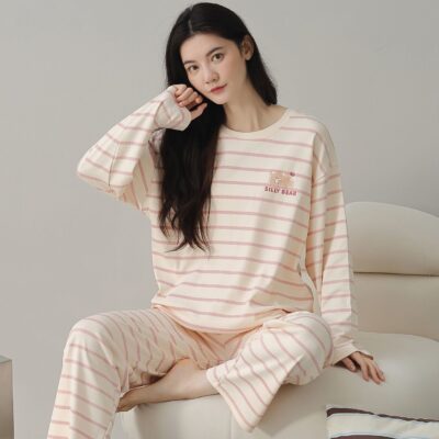Cute loose fit long sleeve spring autumn women cotton pajamas