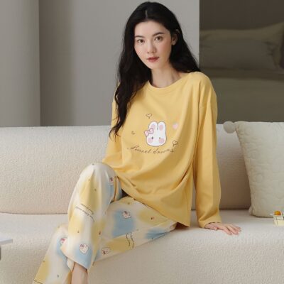 Cute loose fit long sleeve spring autumn women cotton pajamas
