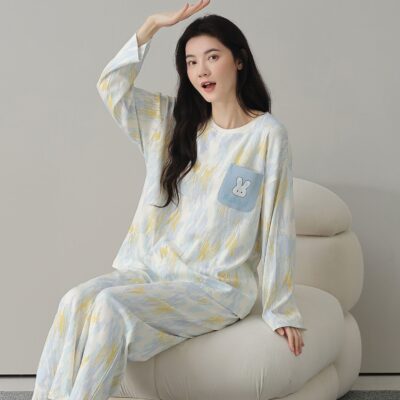 Cute loose fit long sleeve spring autumn women cotton pajamas