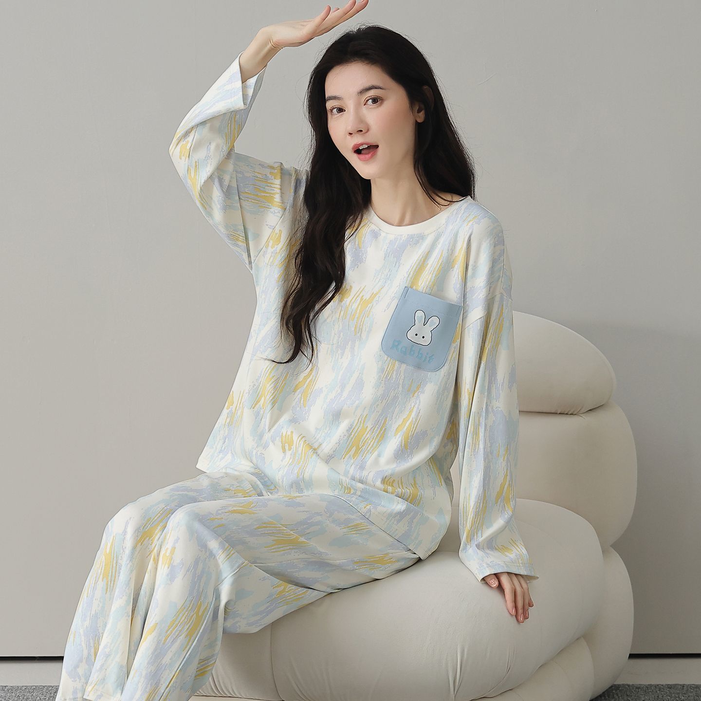 Cute loose fit long sleeve spring autumn women cotton pajamas