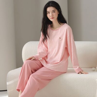 Cute loose fit long sleeve spring autumn women cotton pajamas