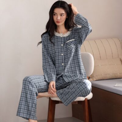 Spring autumn women long sleeve homewear cotton pajamas
