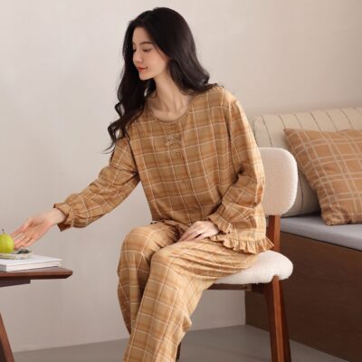 Spring autumn women long sleeve homewear cotton pajamas