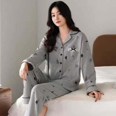 Loose long sleeve cardigan homewear women cotton pajamas