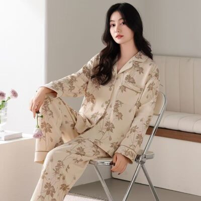 Loose long sleeve cardigan homewear women cotton pajamas