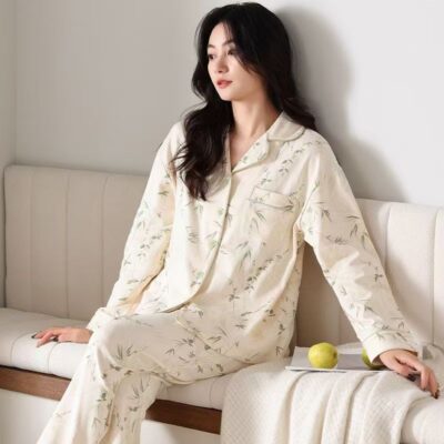 Loose long sleeve cardigan homewear women cotton pajamas